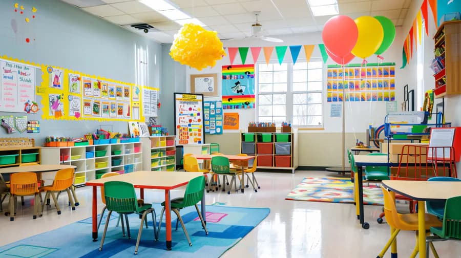 A bright kindergarten classroom with colorful learning materials.