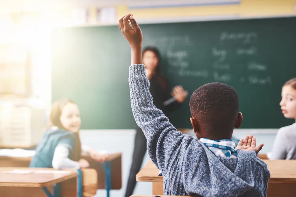 A child raises their hand during a classroom activity.