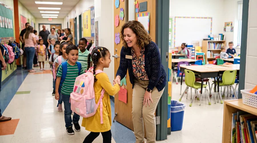 A teacher welcomes a child in a school hallway.