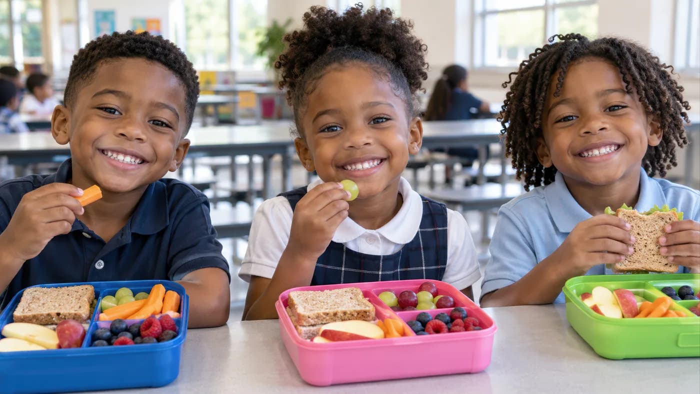 Three children smile while eating lunch together.