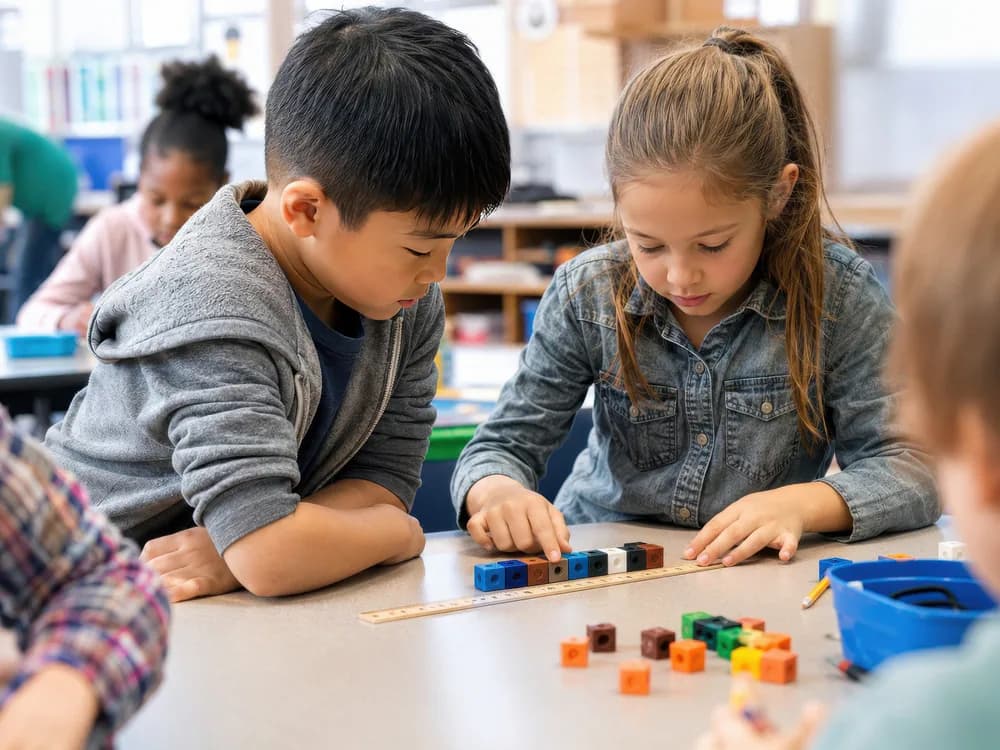 Two children learn with colorful connecting cubes and a ruler.