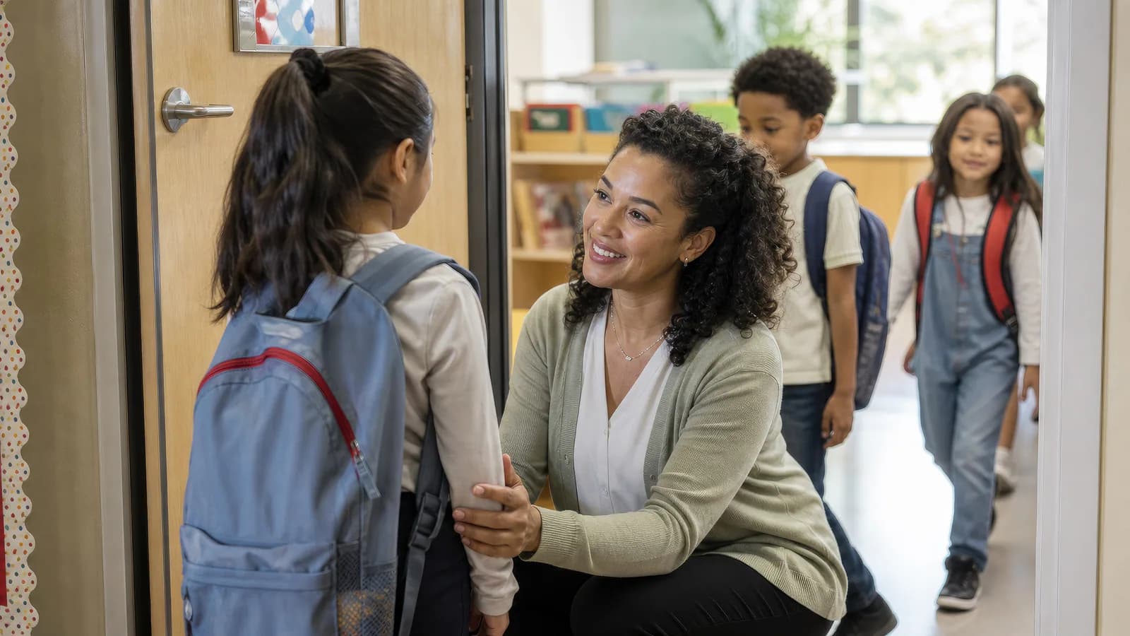 A teacher kneels to greet a child arriving at school with a backpack.
