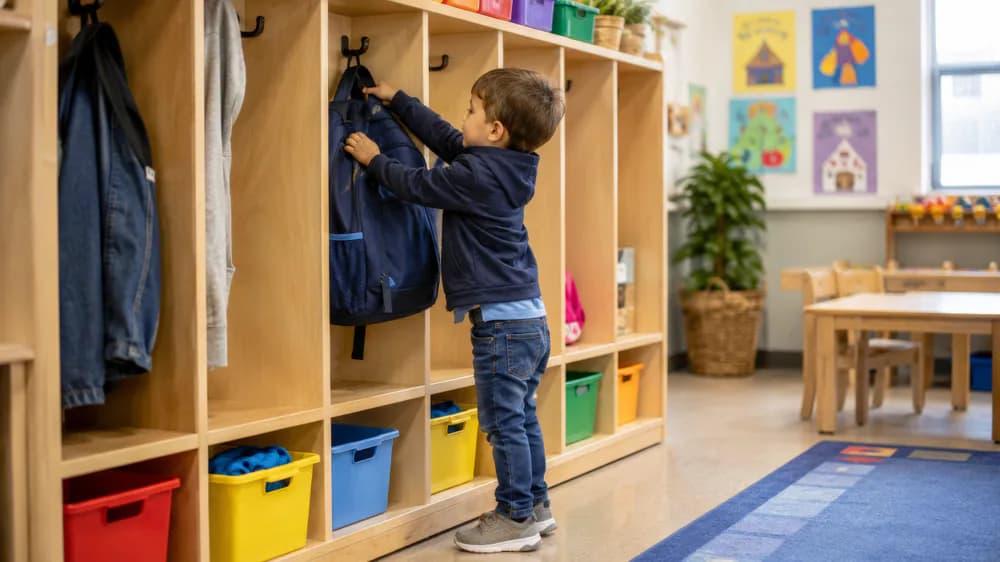 A child independently hangs a backpack in a classroom cubby.