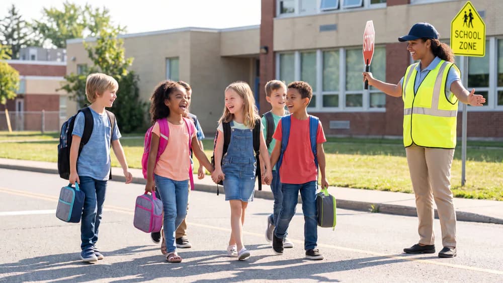 Children cross the street with help from a crossing guard.