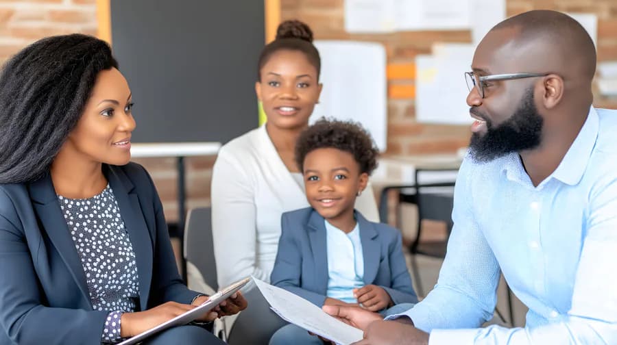 A family reviews school information together.