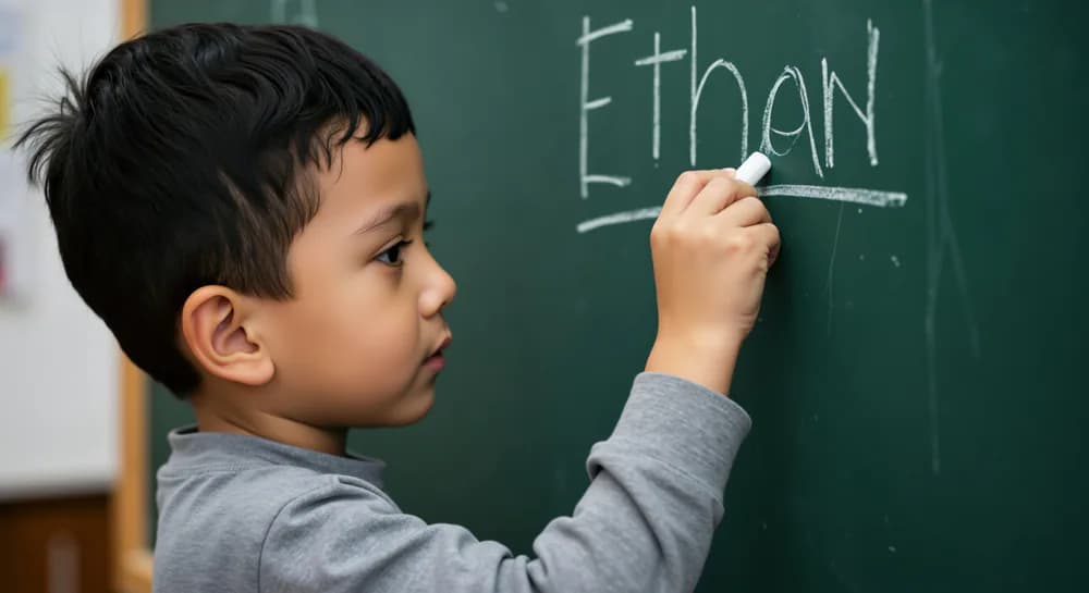 A child writes their name on a chalkboard.
