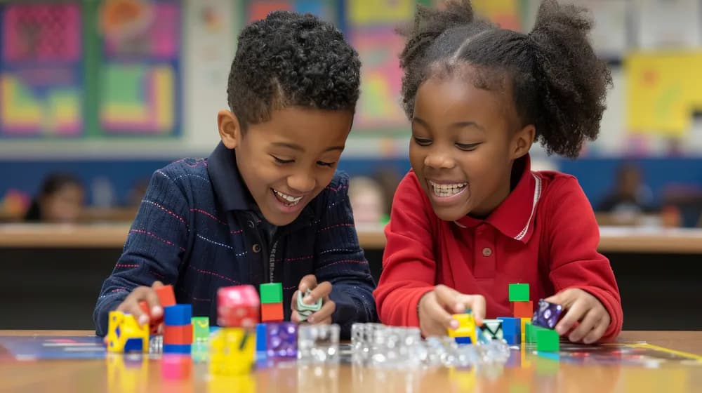 Two children take turns playing with colorful blocks and dice.