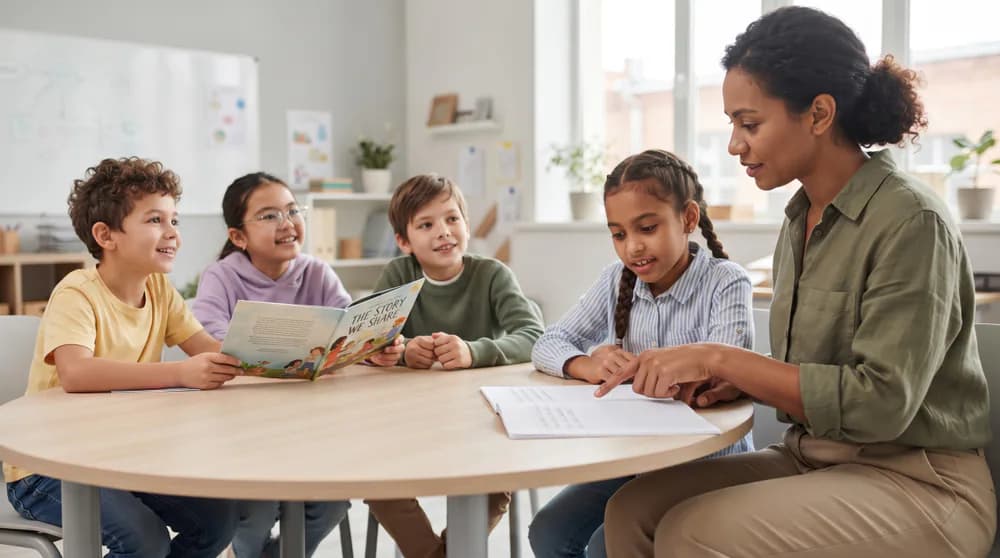A teacher works with a small group of children at a table.