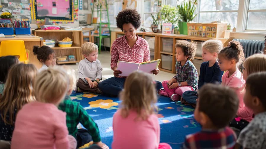 A teacher reads a book to children seated together on a classroom rug.