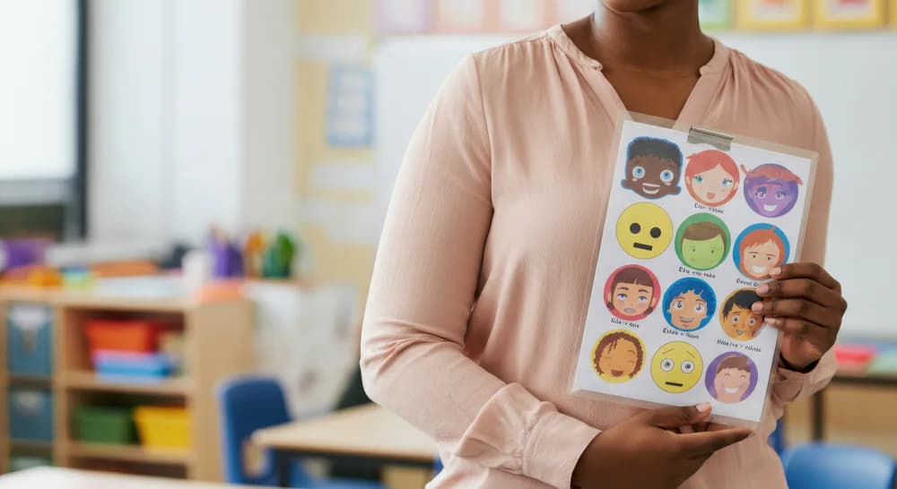 An adult holds a chart showing a range of emotions.