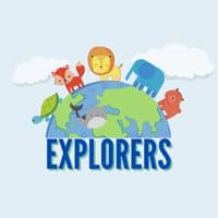 Explorers classroom badge with animals around a globe.