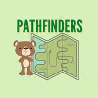 Pathfinders classroom badge with a bear beside a map.
