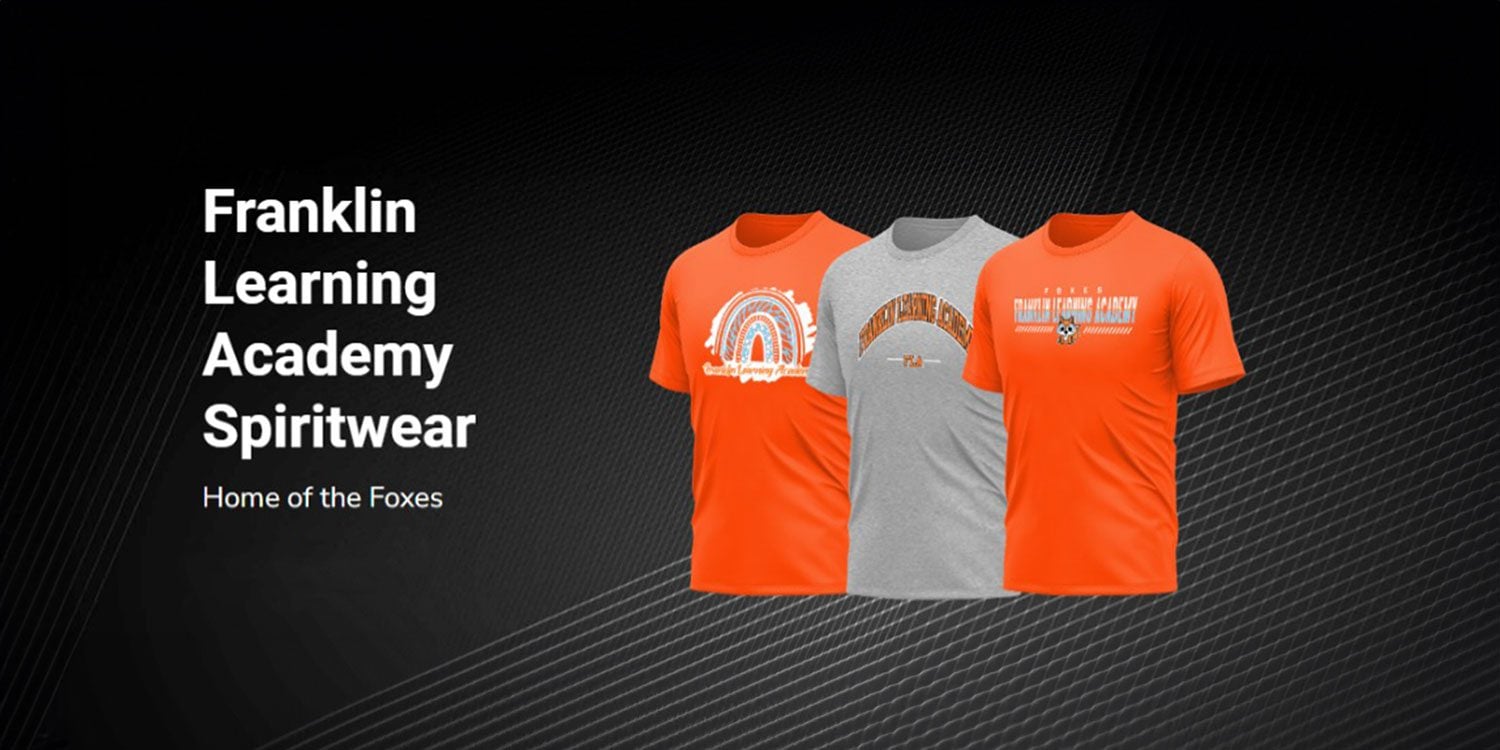 Three t-shirts, two orange and one gray, with spiritwear designs.