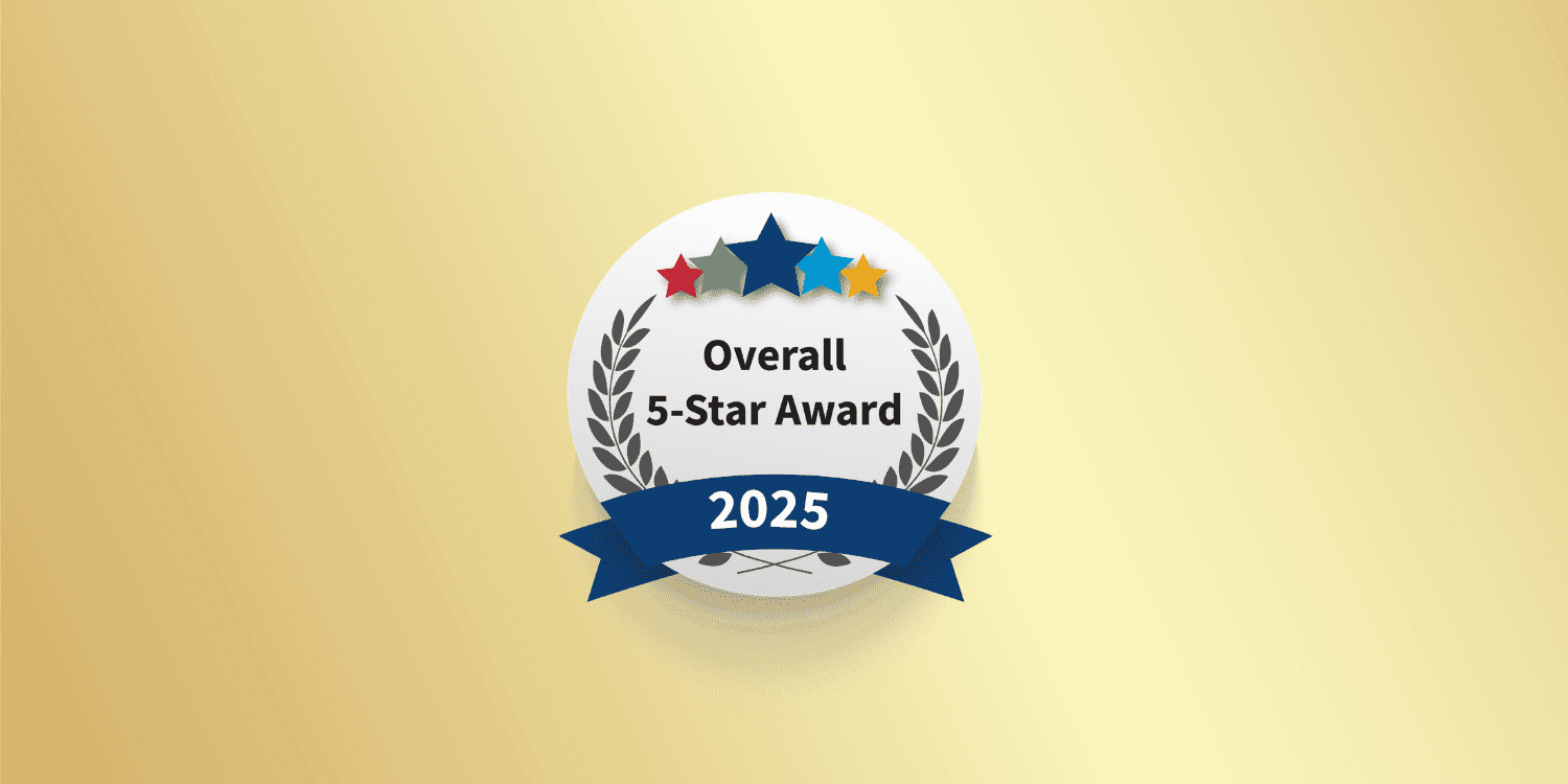 Overall 5-Star Award 2025 badge with colorful stars.