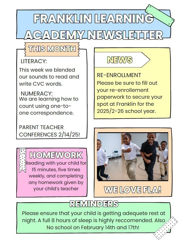 School newsletter with children running, covering academic updates and reminders.